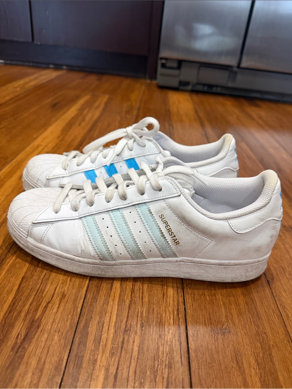 adidas Superstar White Sneakers with Light Blue  Aqua Stripes 10.5 US SIZE MEN